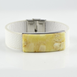 White Leather natural Amber bracelet for men